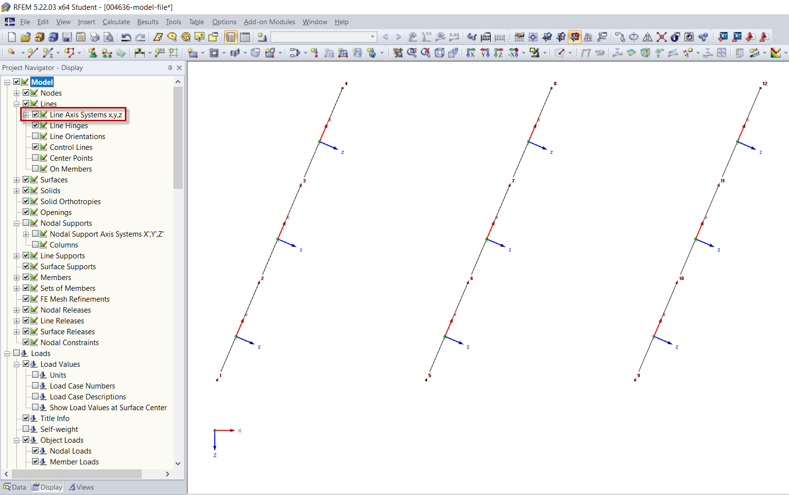 Attivazione degli assi della linea locale Aystems x, y, z in Display Navigator