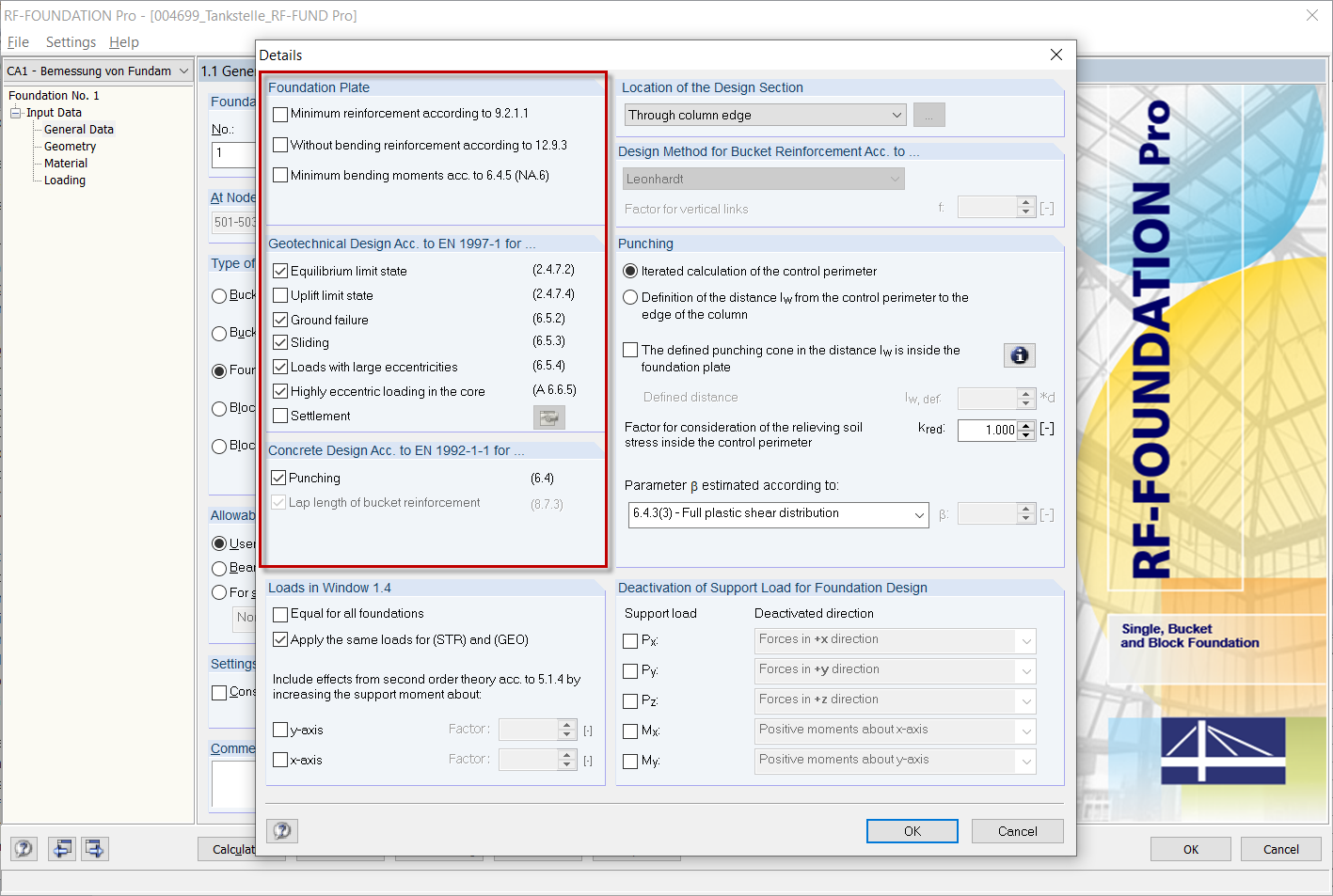 Impostazioni dettagliate in RF-/FOUNDATION Pro con selezione di progetti disponibili