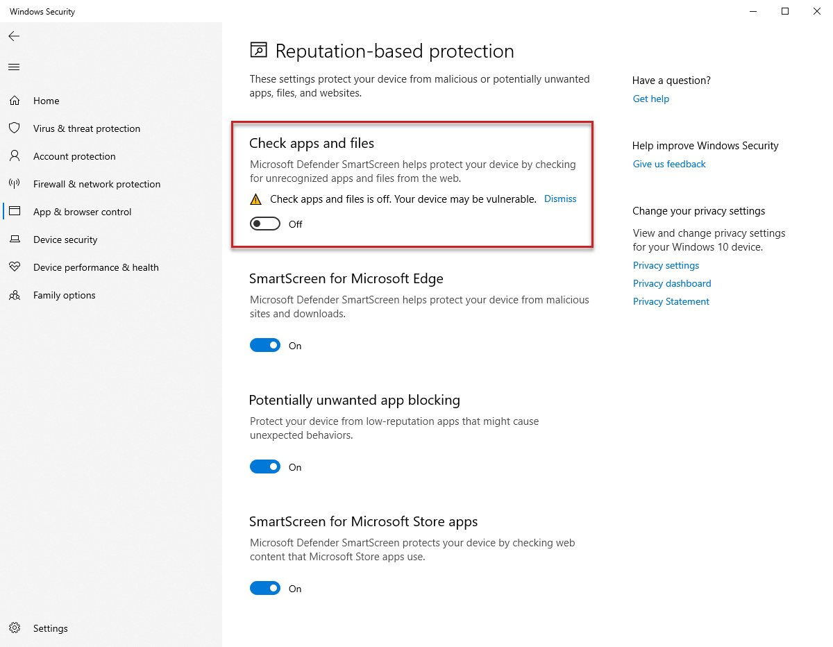 Disattivazione della protezione in Sicurezza di Windows