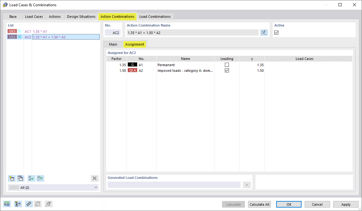 La scheda "Combinazioni di azioni" e la sottoscheda "Assegnazione" mostrano le azioni e i coefficienti di sicurezza di AC2