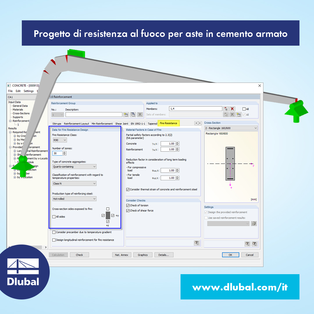 Progetto di resistenza al fuoco per aste in cemento armato