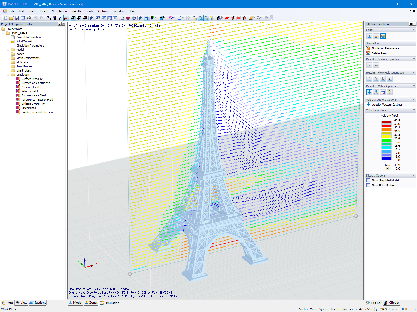 Vettori di velocità dei flussi di vento sul modello della Torre Eiffel in RWIND