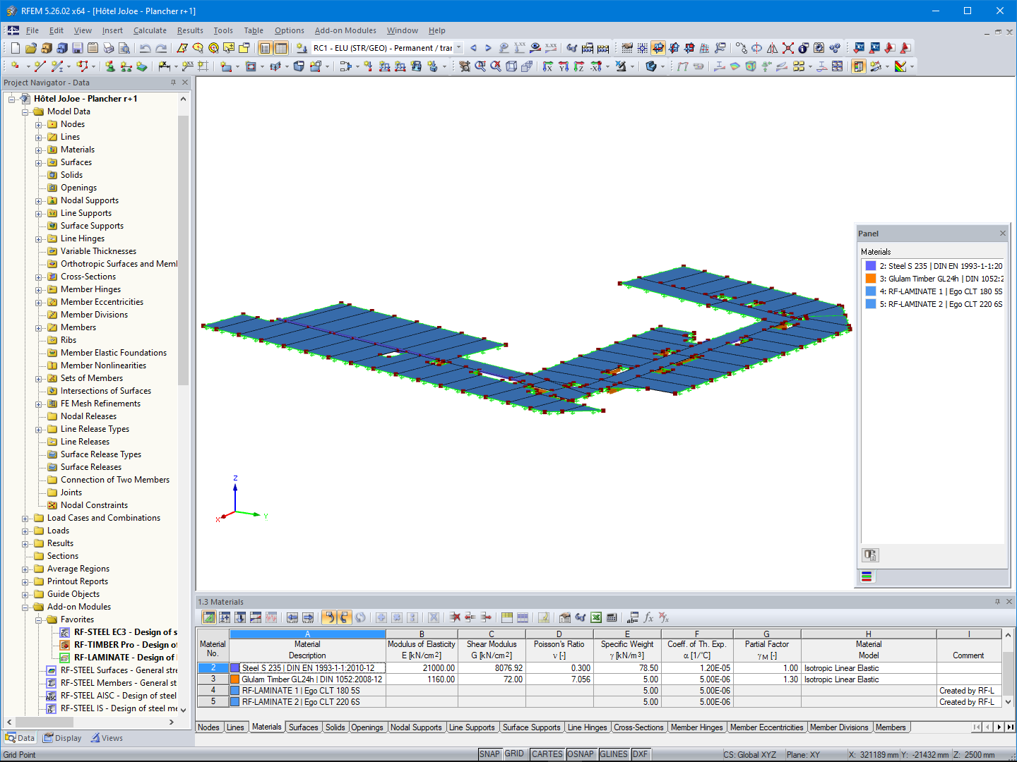 Modèle de structure d'un étage de plancher en bois de l'hôtel dans RFEM