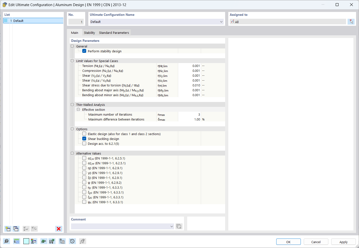 Dialogo 'Modifica configurazione di capacità portante', Progettazione alluminio secondo EN 1999