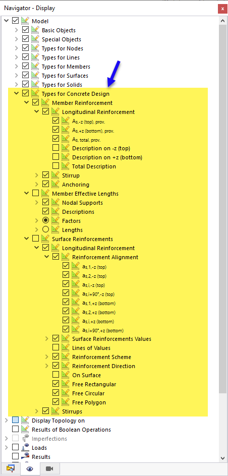 Opzioni di visualizzazione per i tipi di verifica in calcestruzzo