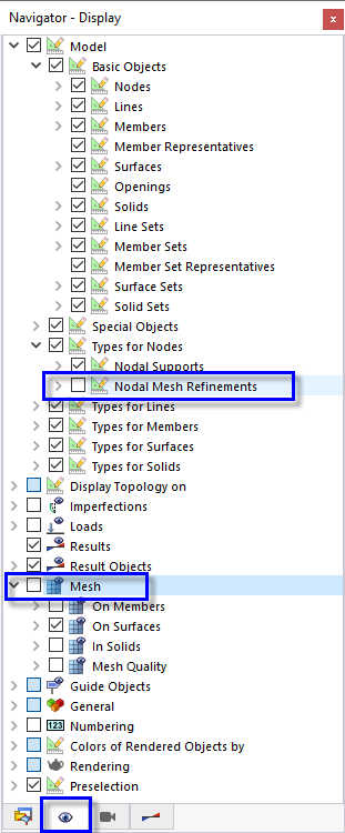 Disattivazione degli infittimenti della mesh del nodo e della mesh in "Navigatore - Visualizzazione"