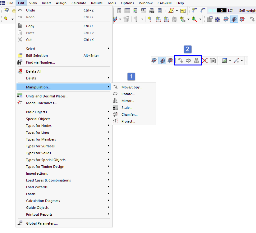 Strumenti di modellazione nel menu "Modifica" e pulsanti nella barra degli strumenti