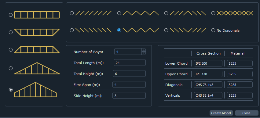 Interfaccia per generatore di travi reticolari 2D