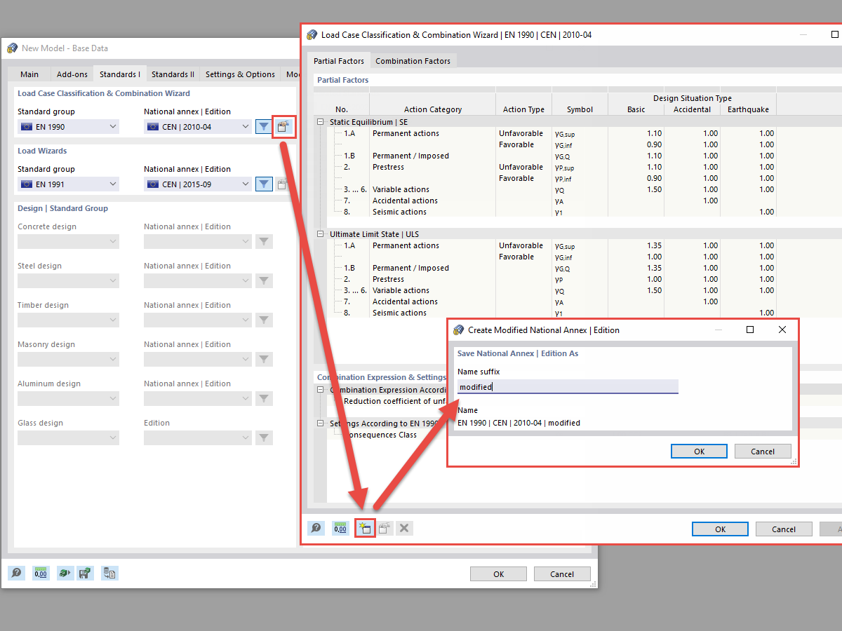 FAQ 005206 | Come posso regolare i coefficienti di sicurezza parziali e i coefficienti di combinazione in RFEM 6 e RSTAB 9?