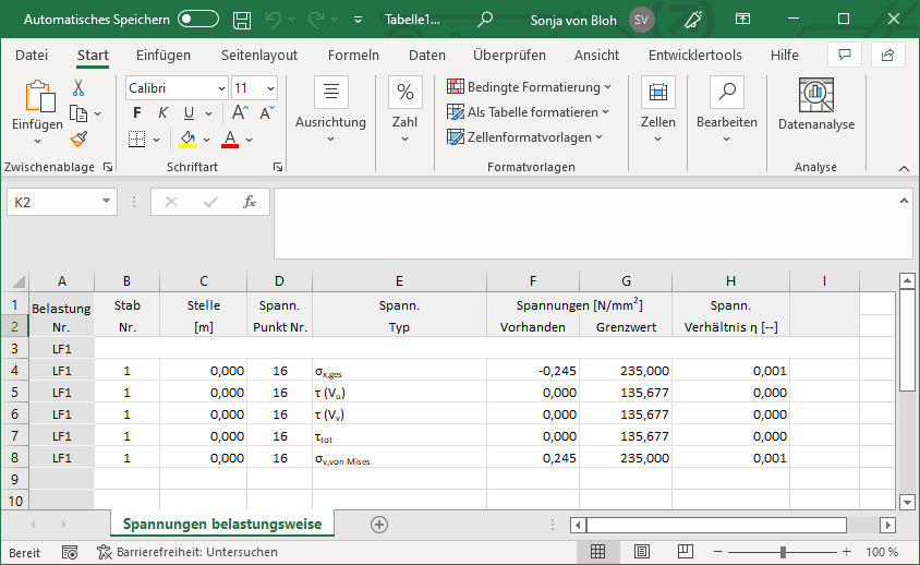 Foglio di calcolo Excel con tensioni