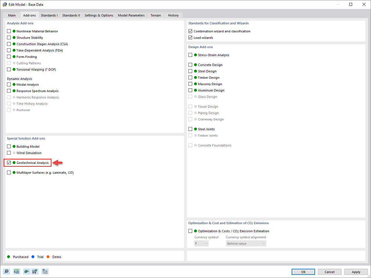 Attivazione dell'add-on dell'analisi geotecnica