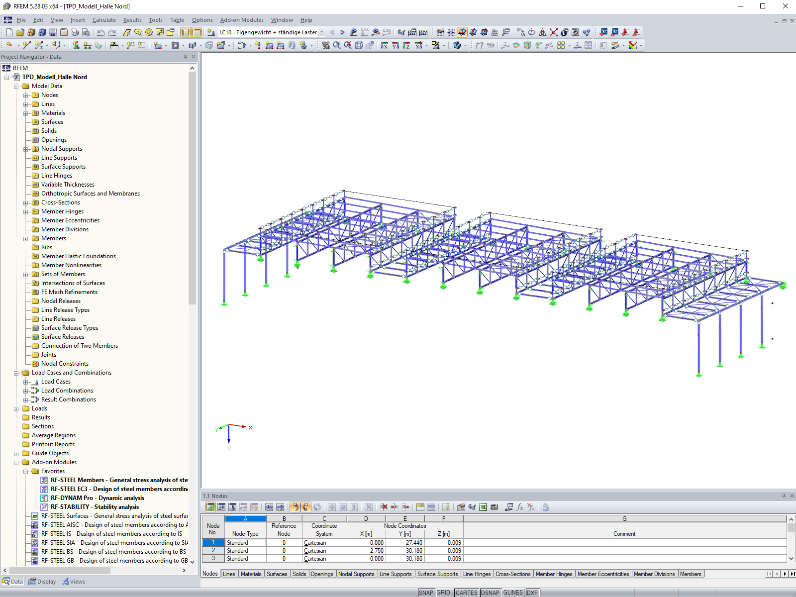 Modello parziale del capannone nord in RFEM (© Isenmann Engineeringeure)