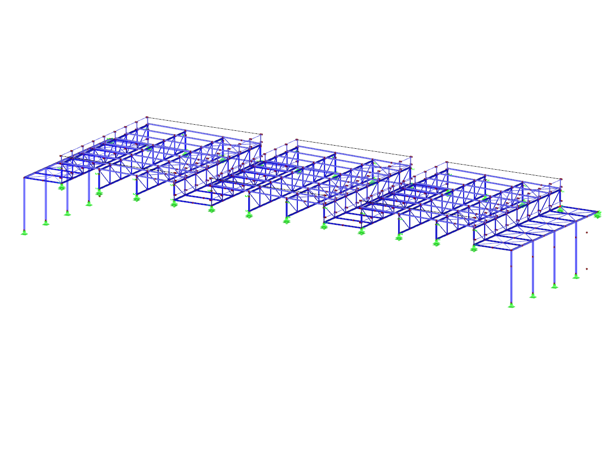 Modello parziale del capannone nord in RFEM (© Isenmann Engineeringeure)