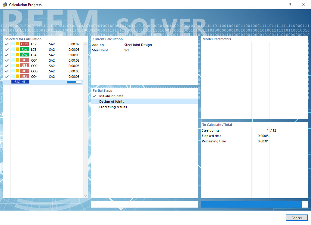Progresso di calcolo della verifica dei collegamenti per strutture in acciaio