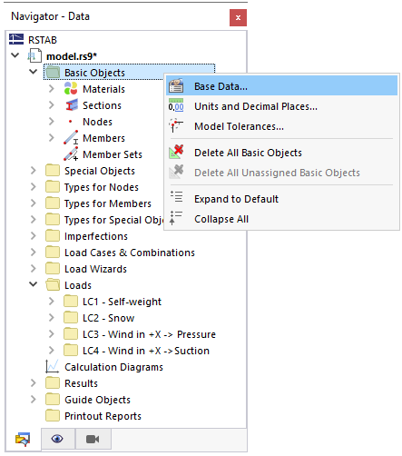 Modifica dei dati base tramite il menu di scelta rapida