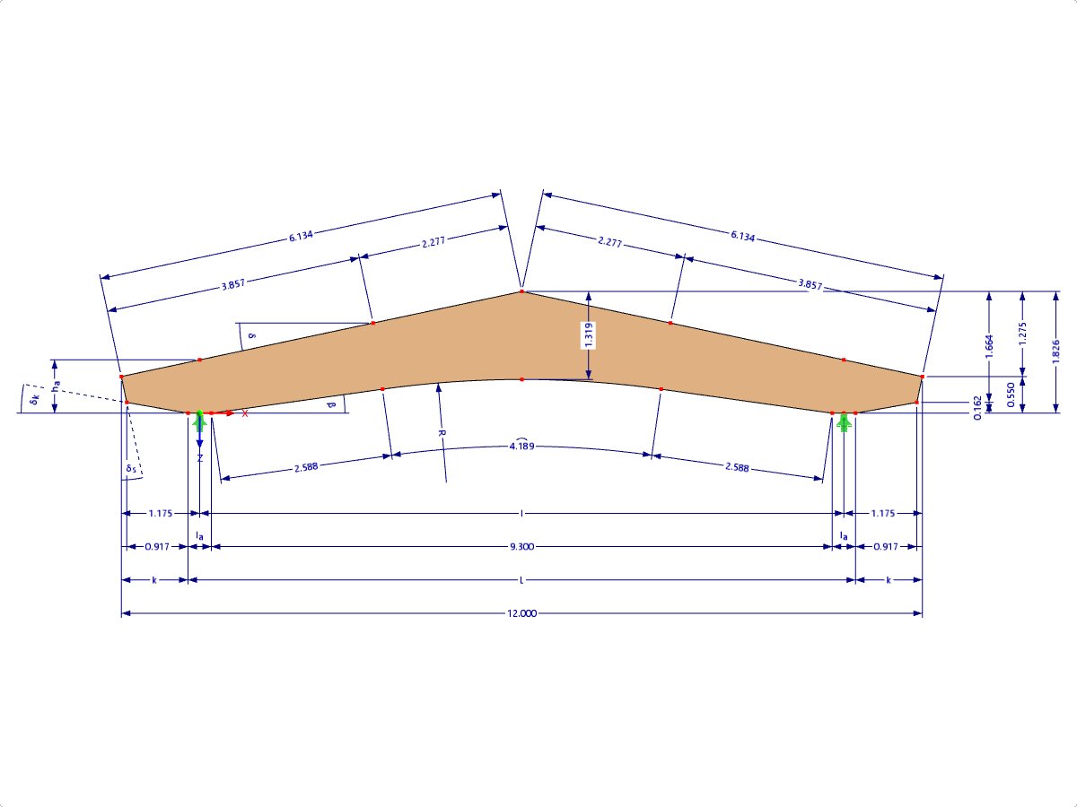 Modello 000575 | GLB0604 | Trave lamellare incollata | Incurvato inclinato | Altezza variabile | Simmetrico | Cantilever rastremati | Senza cuneo di colmo libero con parametri