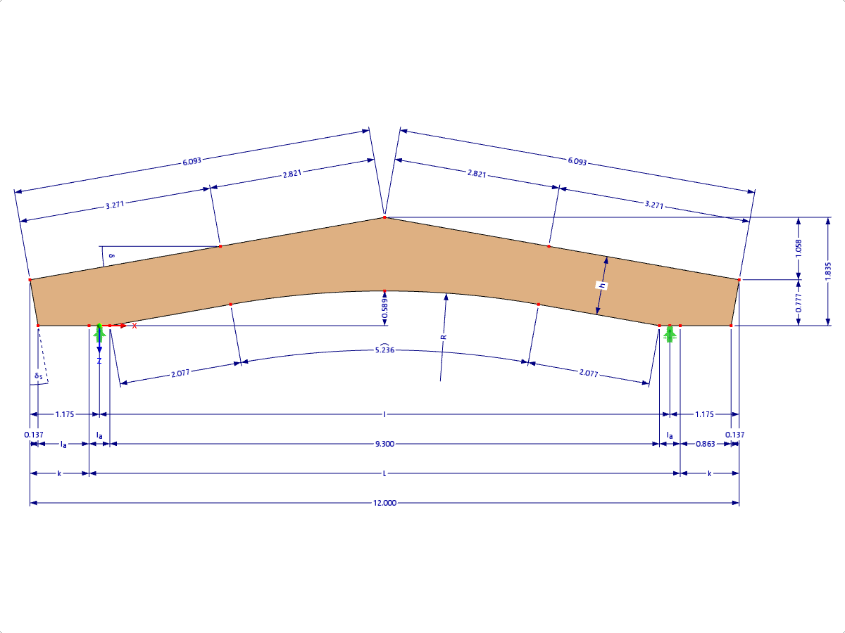 Modello 000586 | GLB0502 | Trave lamellare incollata | Incurvato inclinato | Altezza costante | Simmetrico | Cantilever orizzontali | Senza cuneo di colmo libero con parametri