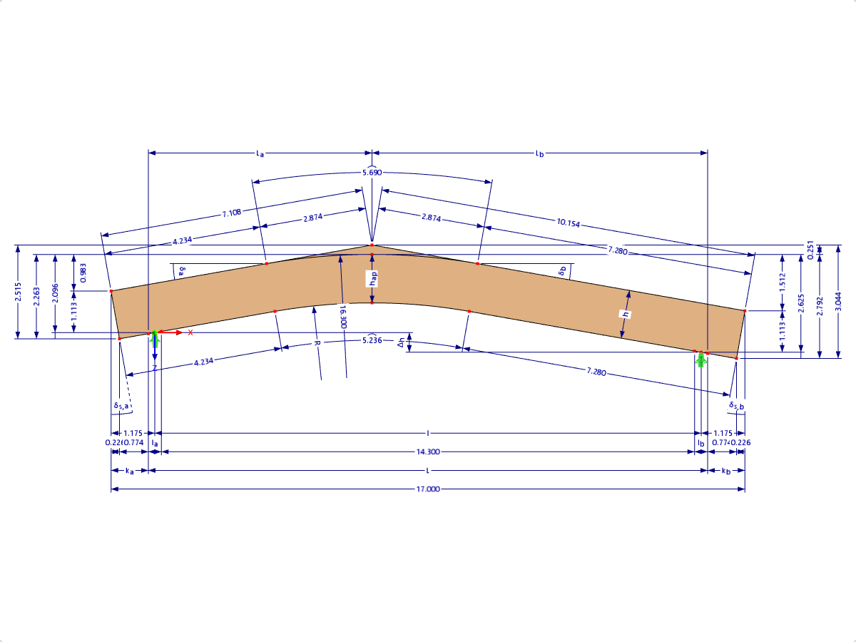 Modello 000601 | GLB0518 | Trave lamellare incollata | Incurvato inclinato |  Altezza variabile | Asimmetrico | Cantilever paralleli | Con cuneo di colmo libero con parametri