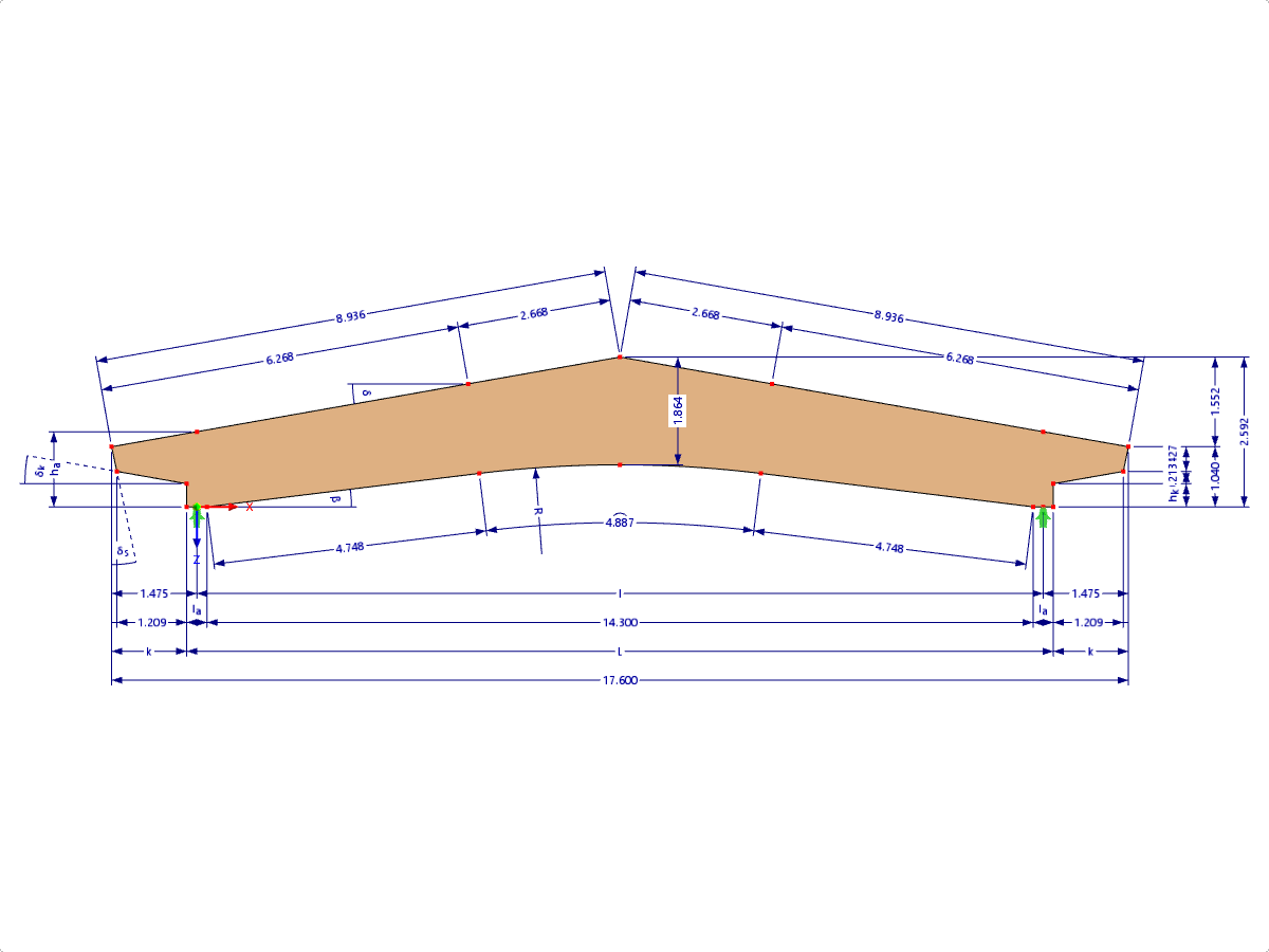 Modello 000607 | GLB0605 | Trave lamellare incollata | Incurvato inclinato | Altezza variabile | Simmetrico | Cantilever conici sfalsati | Senza cuneo di colmo libero con parametri