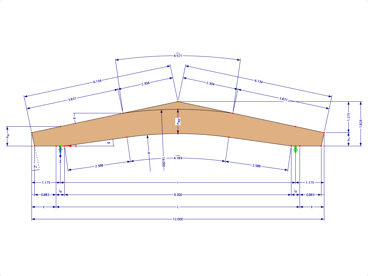 Modello 000613 | GLB0612 | Trave lamellare incollata | Incurvato inclinato | Altezza variabile | Simmetrico | Cantilever orizzontali | Con cuneo di colmo libero con parametri