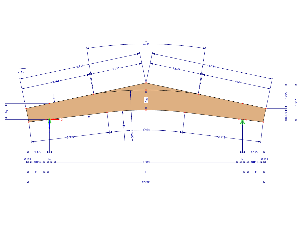 Modello 000614 | GLB0613 | Trave lamellare incollata | Incurvato inclinato | Altezza variabile | Simmetrico | Cantilever paralleli | Con cuneo di colmo libero con parametri