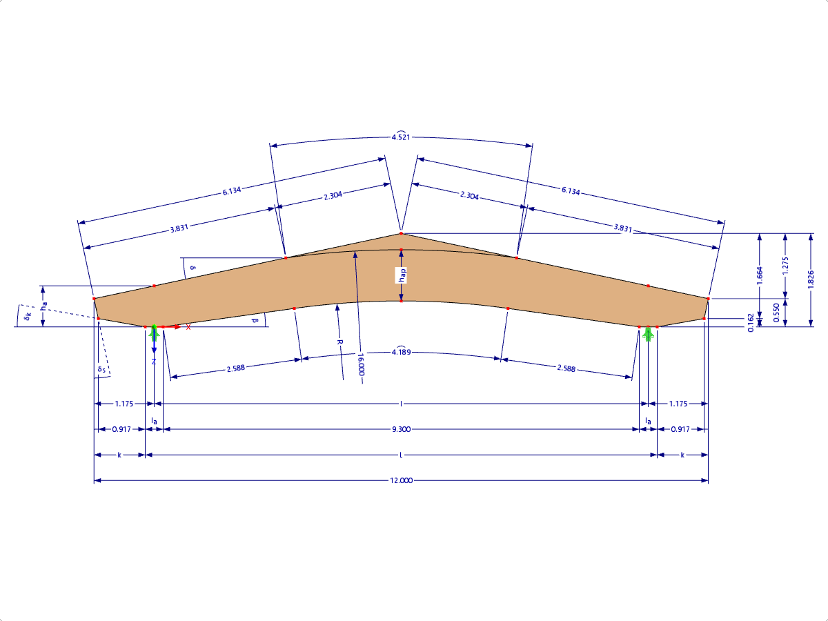 Modello 000615 | GLB0614 | Trave lamellare incollata | Incurvato inclinato | Altezza variabile | Simmetrico | Cantilever rastremati | Con cuneo di colmo libero con parametri