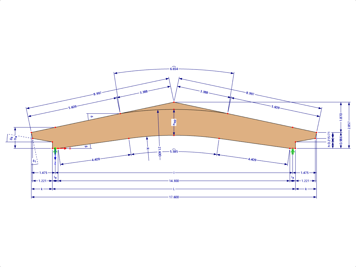 Modello 000616 | GLB0615 | Trave lamellare incollata | Incurvato inclinato | Altezza variabile | Simmetrico | Cantilever conici sfalsati | Con cuneo di colmo libero con parametri