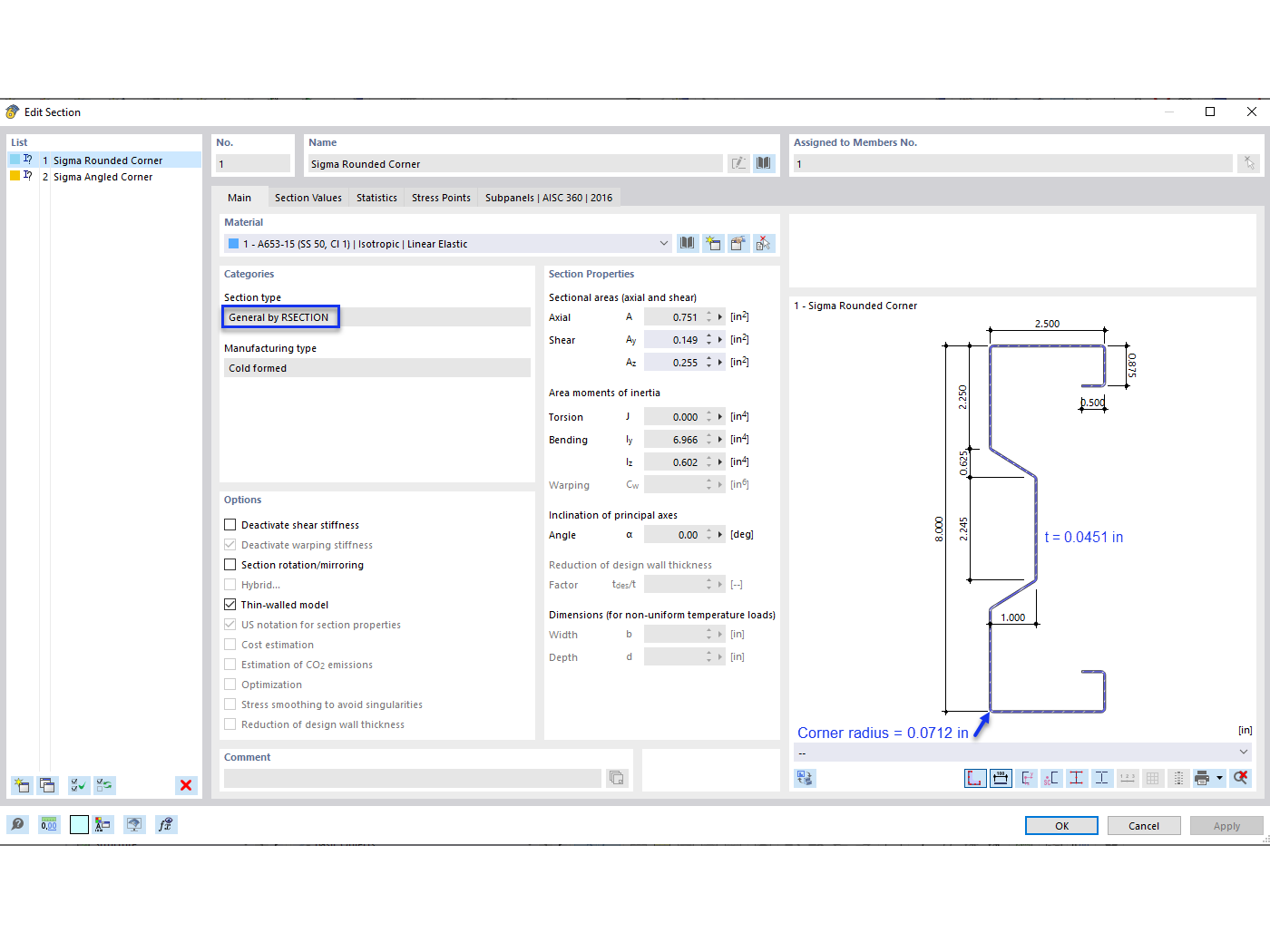 KB 001841 | Progettazione di acciaio AISI piegato a freddo utilizzando la sezione personalizzata in RFEM 6