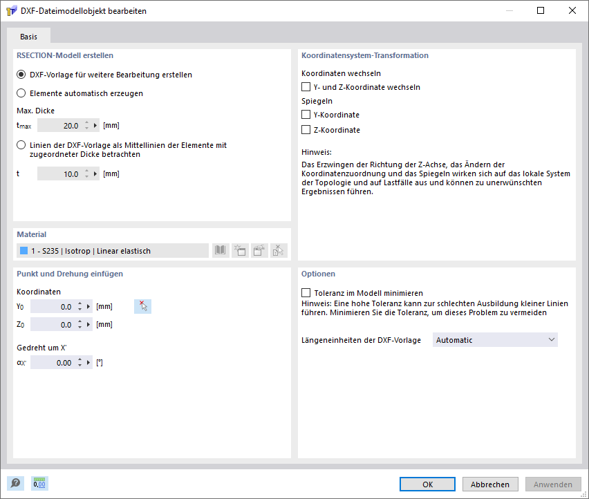 Finestra di dialogo Modifica oggetto modello file DXF