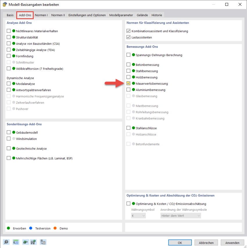 Attivazione dell'add-on "Verifica muratura".