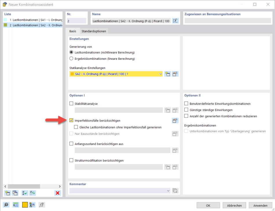 Considerazione dei casi di imperfezione mediante la procedura guidata di combinazione