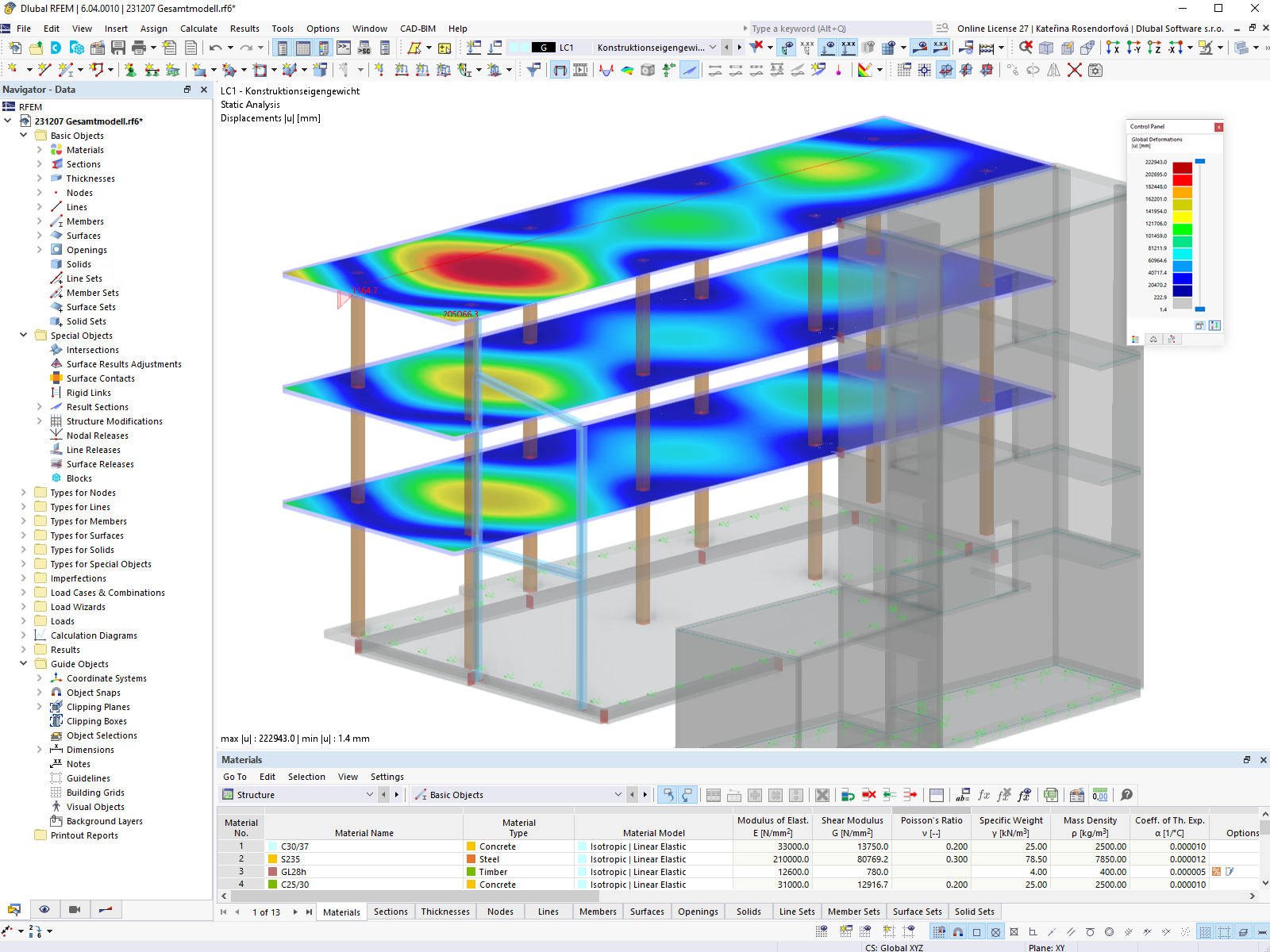 Modello RFEM dell'edificio per uffici con spostamenti generalizzati | © Furche Geiger Zimmermann Tragwerksplaner GmbH