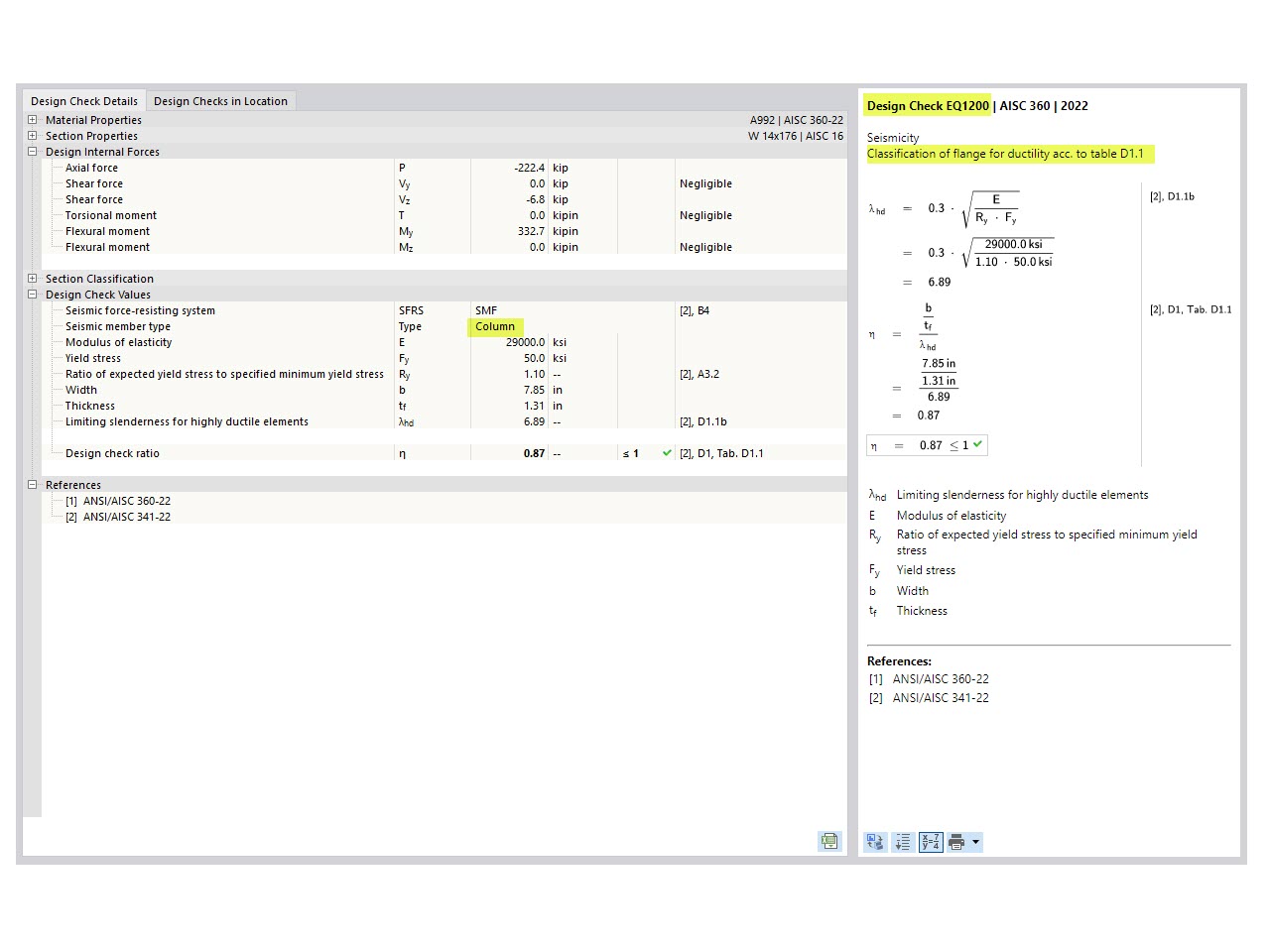 KB 001875 | AISC 341-22 Verifica di aste del telaio a momento in RFEM 6