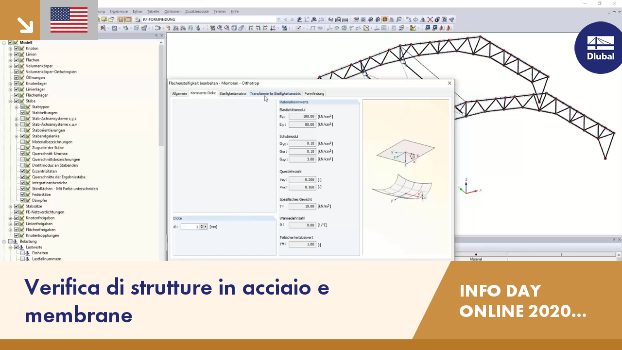 Un programma di progettazione assistita da computer che visualizza un'interfaccia per la verifica di strutture in acciaio e membrane con più barre degli strumenti e un modello 3D.