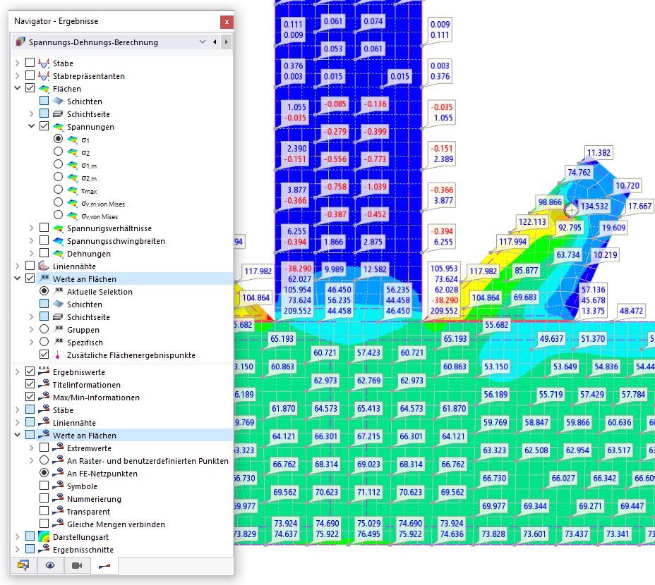 Visualizza i valori delle tensioni principali σ1 nei punti della mesh EF