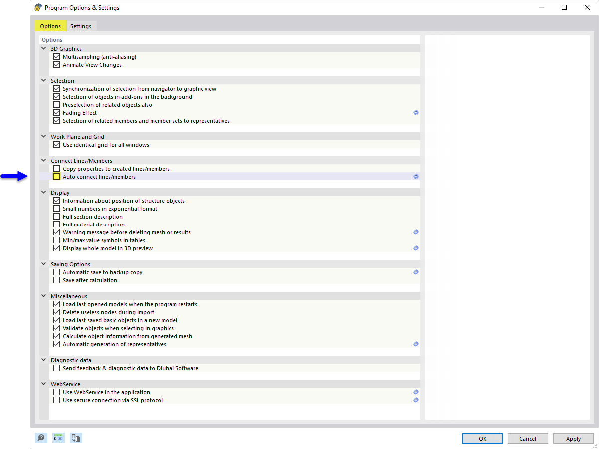 Opzioni del programma - Collega linee/aste automaticamente