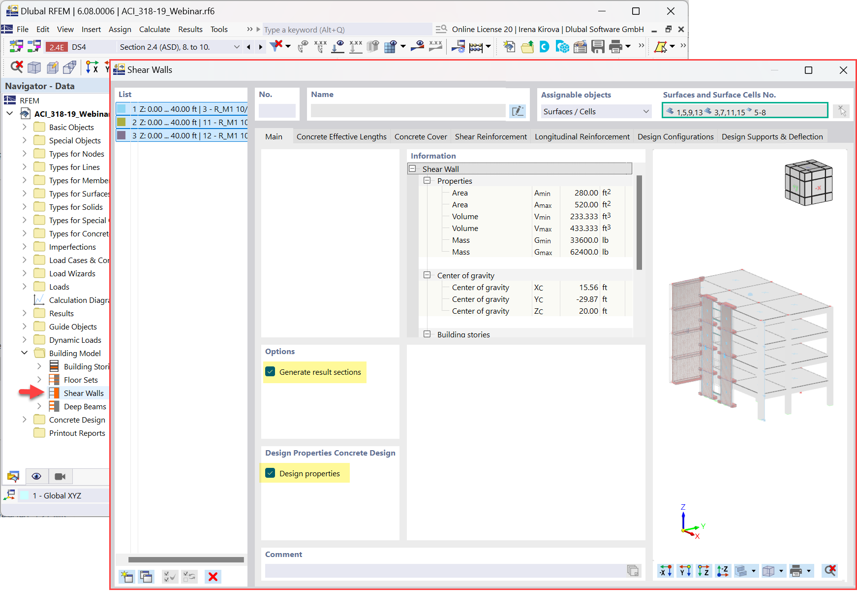 Immagine che mostra la progettazione di pareti in taglio strutturale in Dlubal Software.