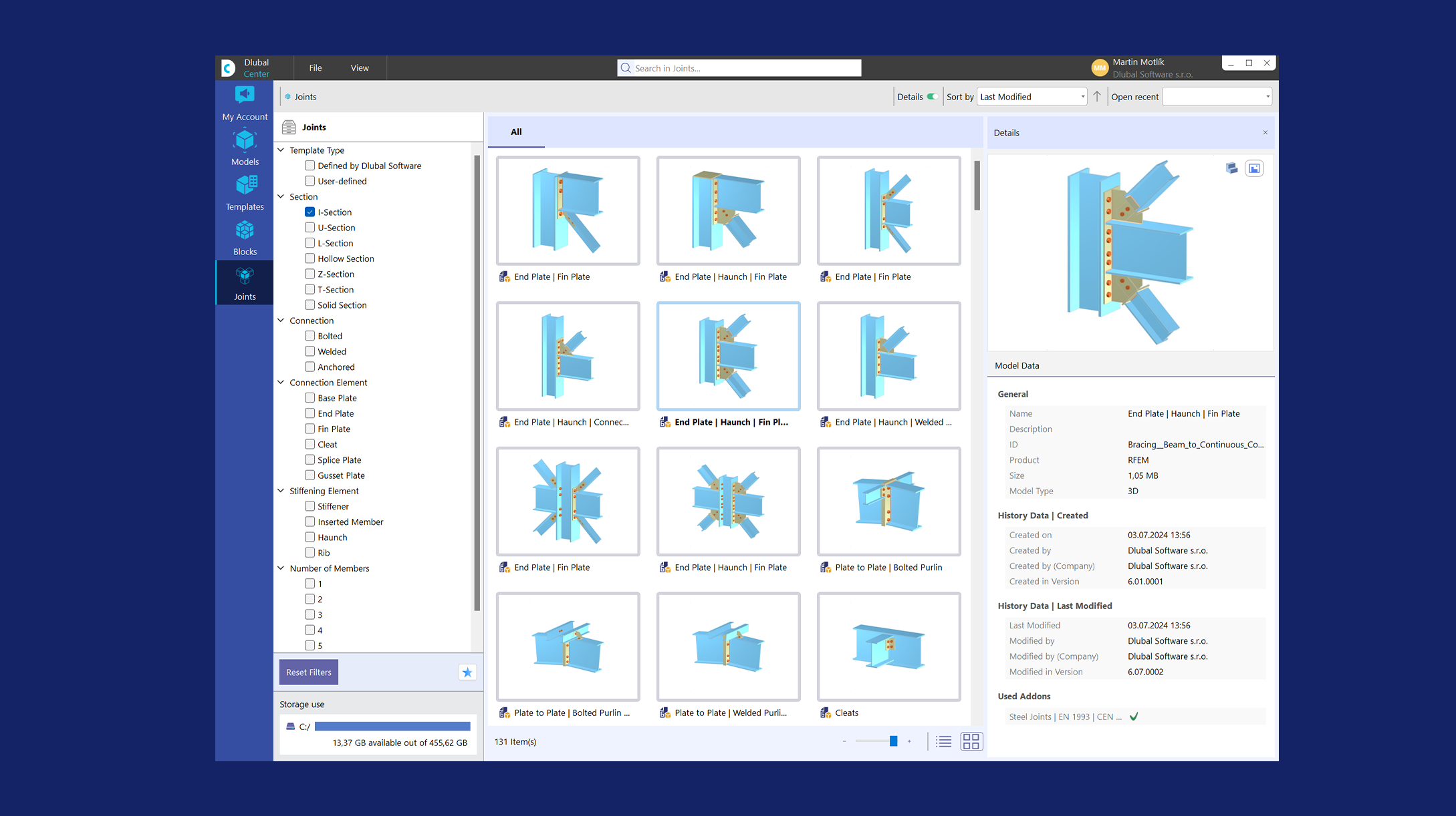 Blocchi giunti in acciaio visualizzati nell'interfaccia software Dlubal Center.