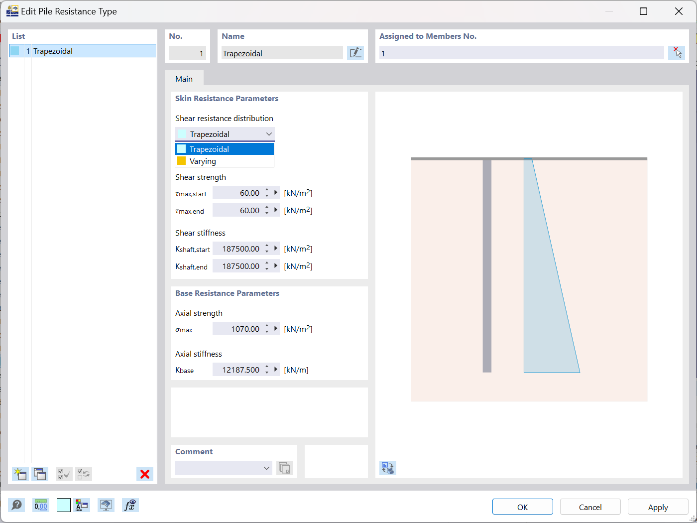 Interfaccia RFEM 6 che mostra le impostazioni dei parametri di resistenza dei pali