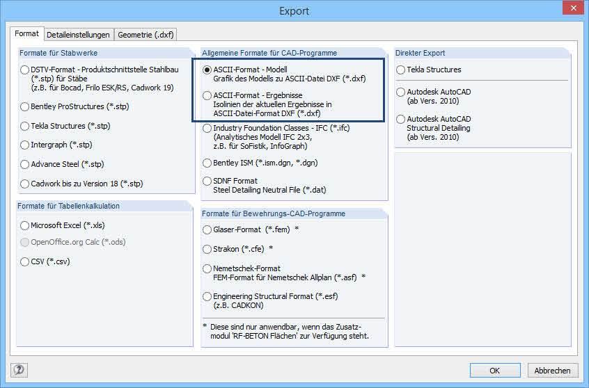 Eksport DXF z programu RFEM do AutoCAD