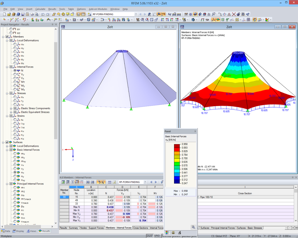 Konstrukcja namiotu przed i po form-finding w RFEM