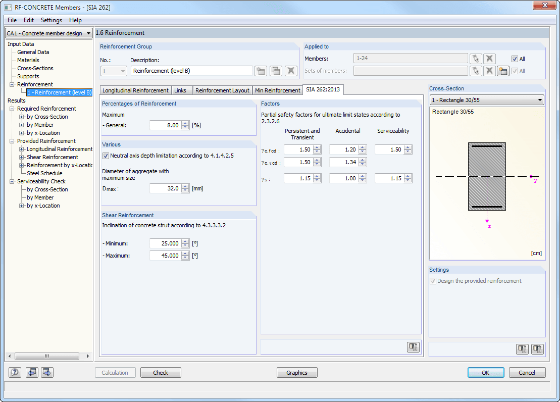 Maske 1.6 Bewehrung - Register SIA 262 (RF-BETON Stäbe)