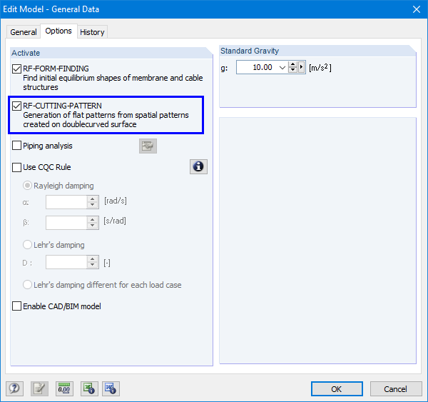 Aktywacja RF-CUTTING-PATTERN w ogólnych danych programu RFEM