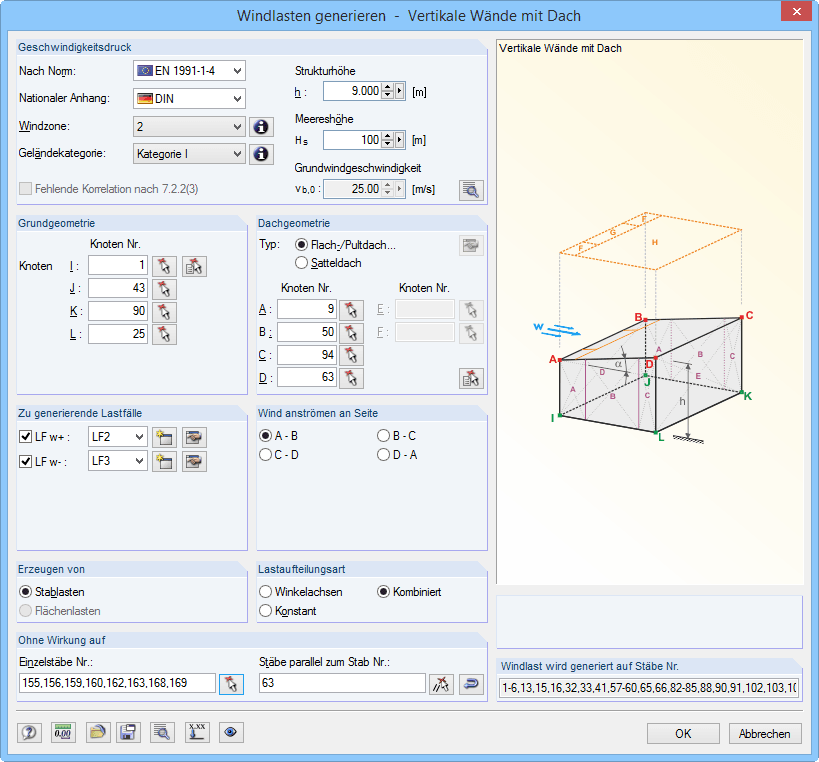 Generieren von Windlasten auf Wände und Dach