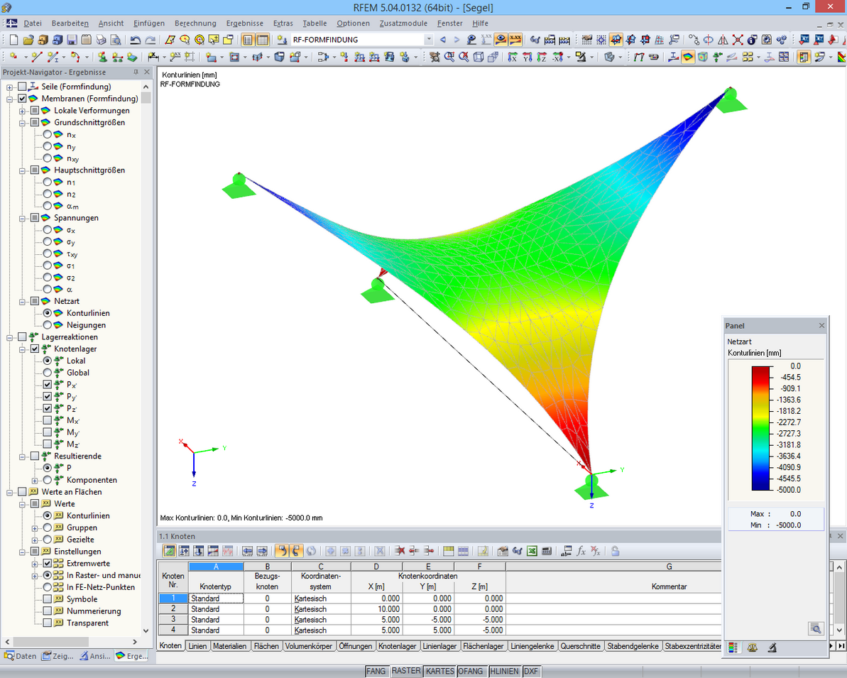 Modell einer an vier Punkten gehaltenen Membranfläche nach der Formfindung in RFEM