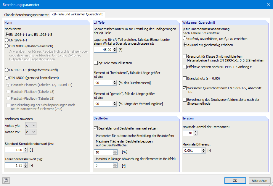 Querschnittswerte-Programm DUENQ | Berechnungsparameter: c/t-Teile und wirksamer Querschnitt