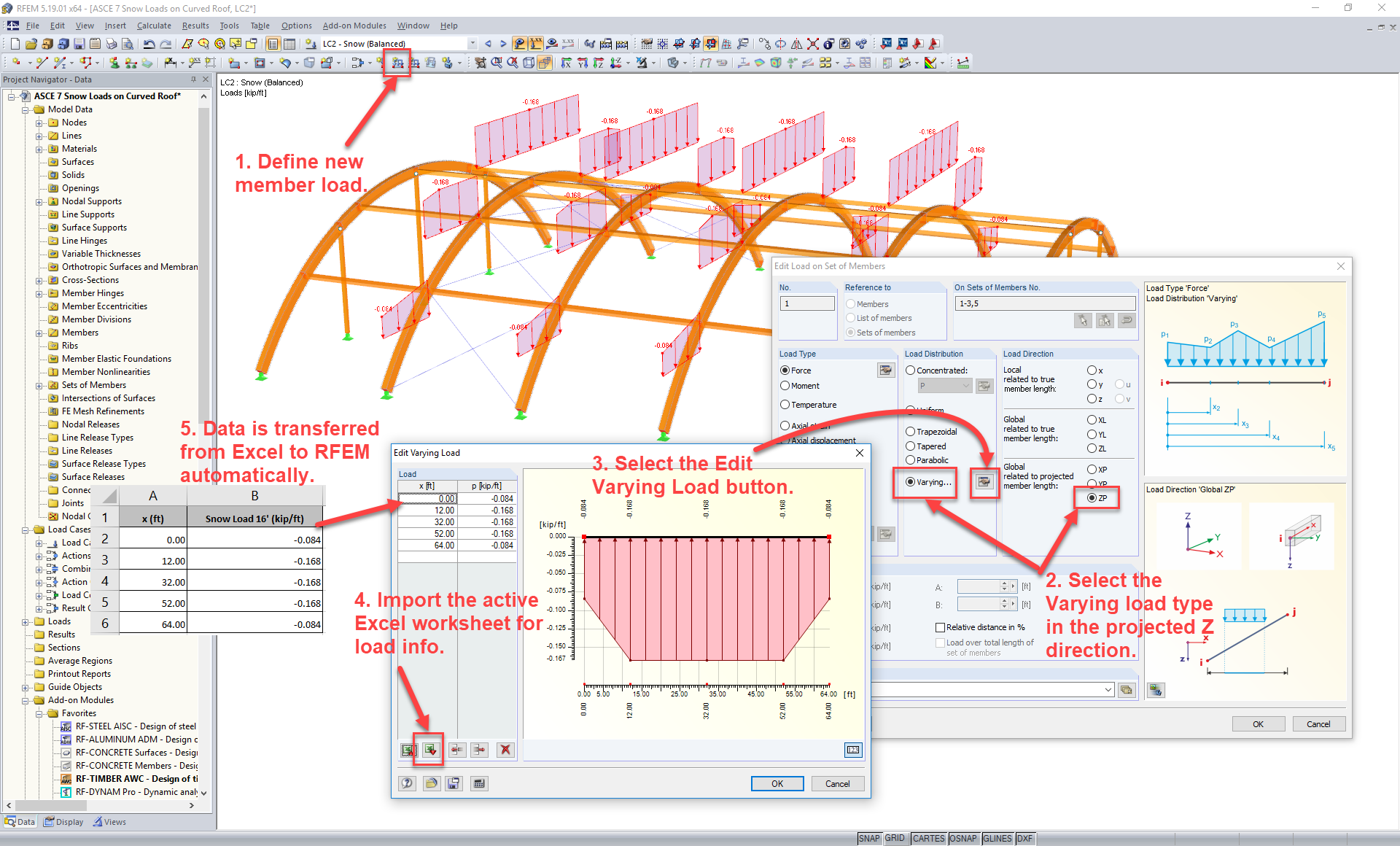 Dane programu Excel zaimportowane do programu RFEM przy zmiennym obciążeniu pręta