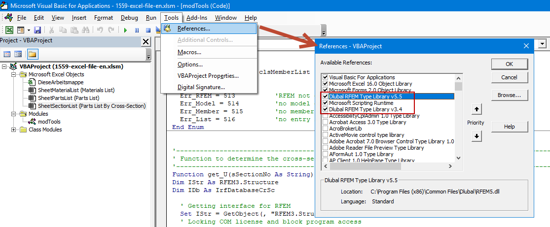Zintegruj biblioteki typów Dlubal RFEM i Microsoft Scripting Runtime