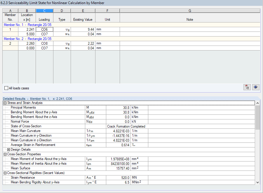 Window '6.2.3 Serviceability Limit State for Nonlinear Calculation by Member'