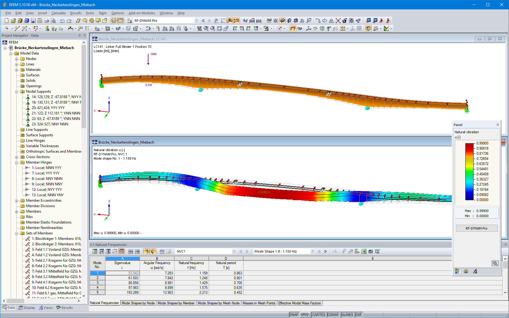 Model i pierwszy kształt drgań własnych kładki dla pieszych i rowerzystów w RFEM (© IB Miebach)